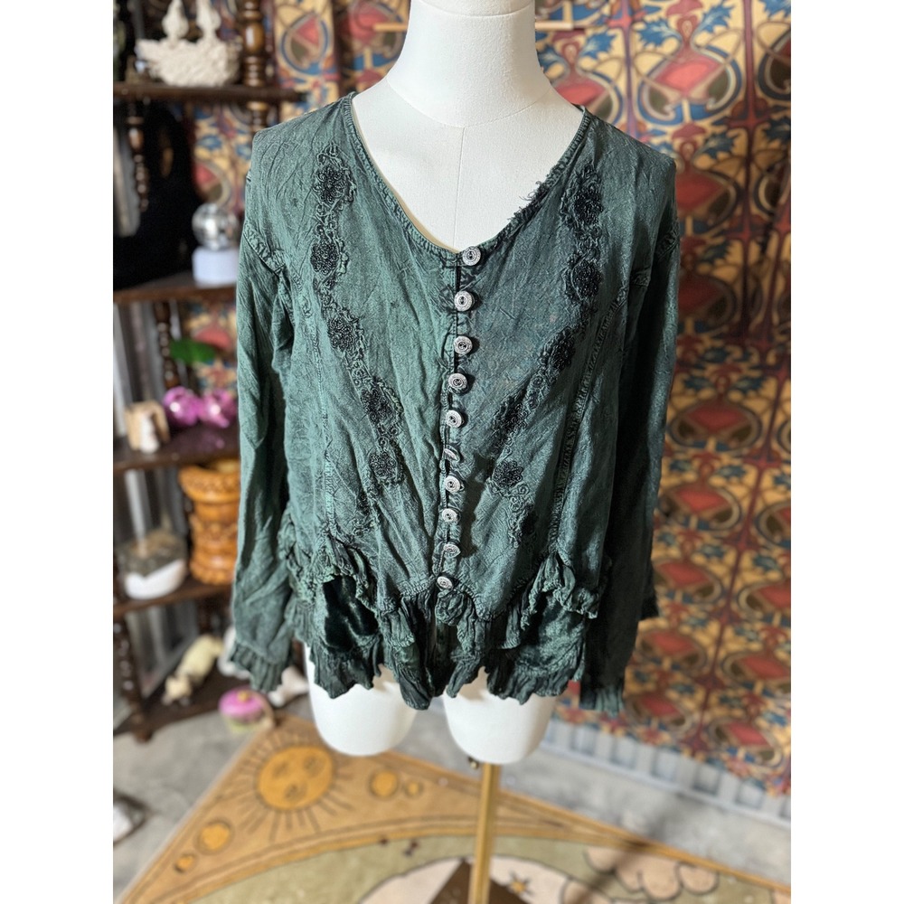 Boho Ruffle Embroidered Button Front Long Sleeve Rayon Top Blouse M